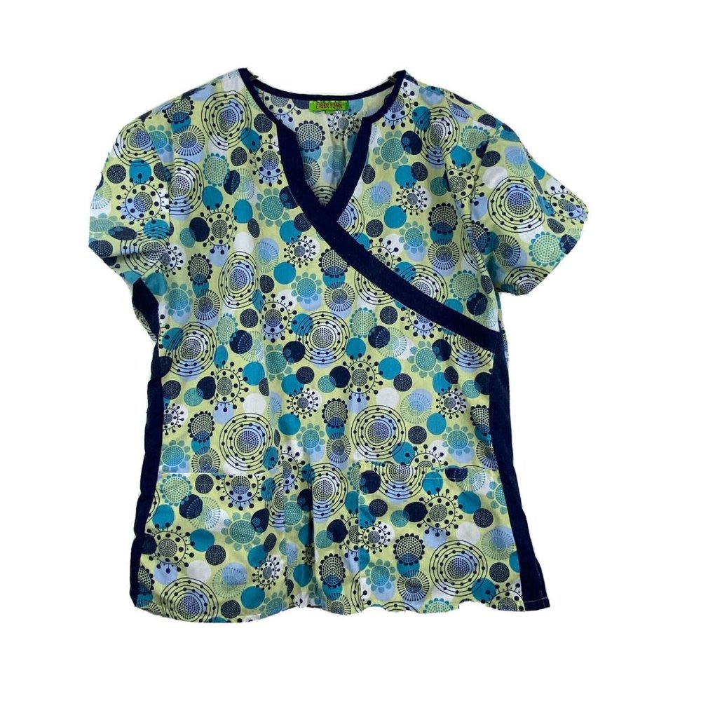 Green Town Scrub Top Womens L Blue Green MCM Retro Geometric Print